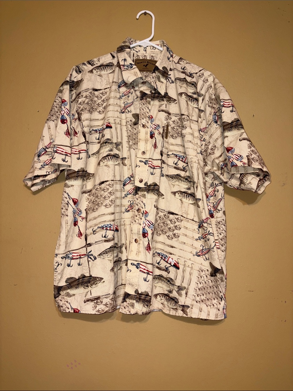 North River Outfitters Men's XXL 2XL Red White Blue Print Fish Fishing Shirt